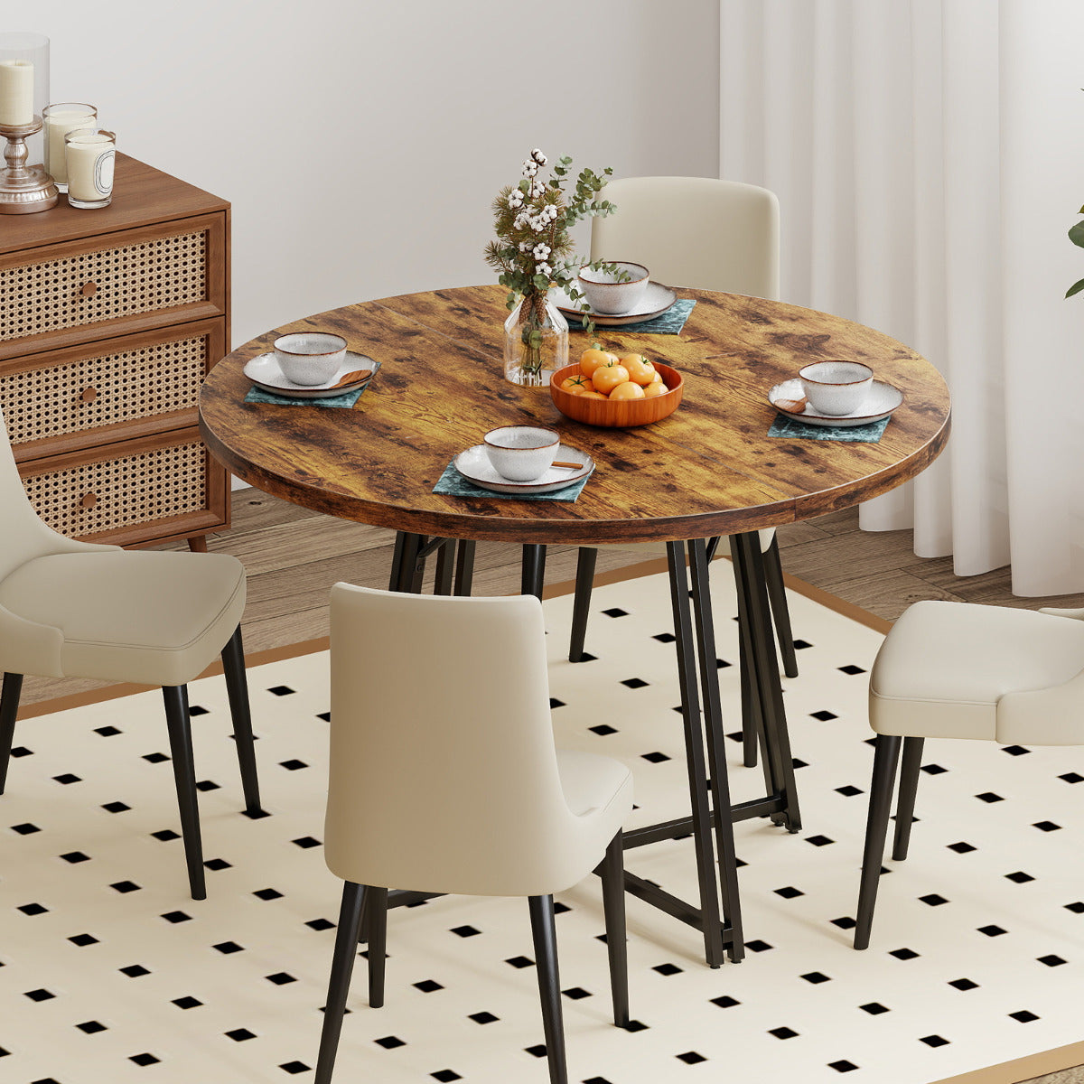 47 Inch Dining Table for 4-6 People Round Kitchen Table with 8 Metal Supporting Legs and Cross Base-Brown