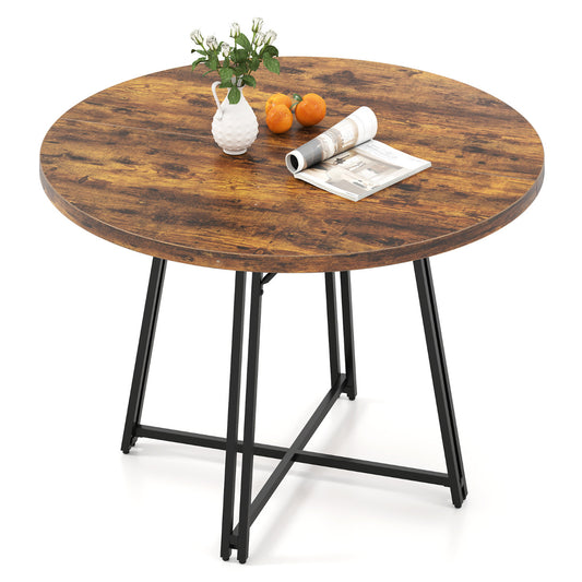 47 Inch Dining Table for 4-6 People Round Kitchen Table with 8 Metal Supporting Legs and Cross Base-Brown