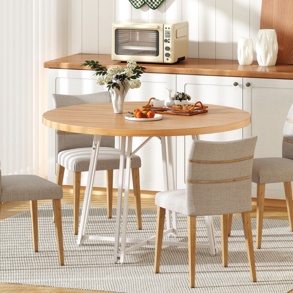 47 Inch Dining Table for 4-6 People Round Kitchen Table with 8 Metal Supporting Legs and Cross Base-Natural