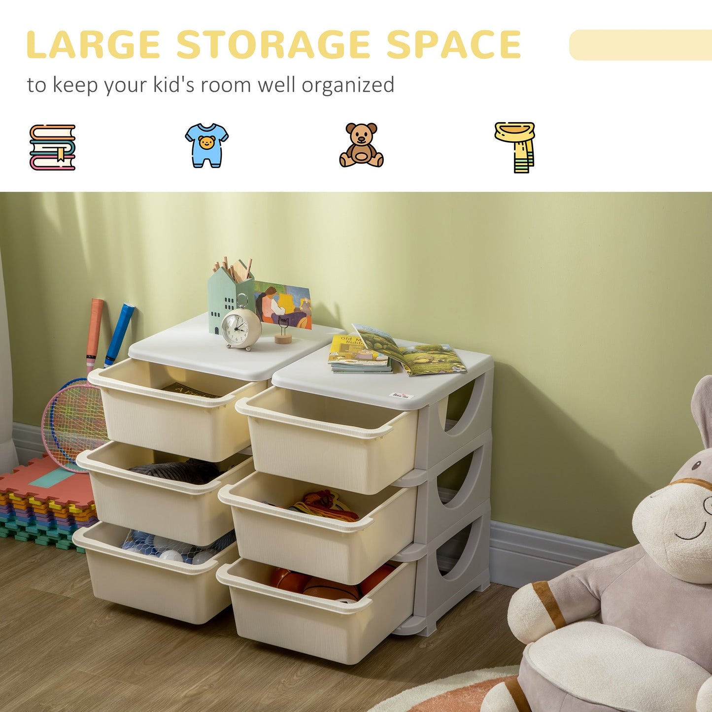 HOMCOM Kids Storage Unit, with Six Drawers - Cream