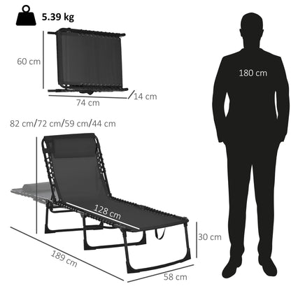 Outsunny Foldable Sun Lounger, Outdoor 4 Level Adjustable Backrest Reclining Chaise Chair, Steel Frame Recliner Chair for Camping, Hiking, Black