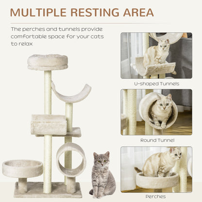 PawHut Cat Tree for Indoor Cats Kitten Pet Scratching Post Perch Activity Center Scratcher Climb Post Play House Arch with Tunnel 105cm Tall Beige