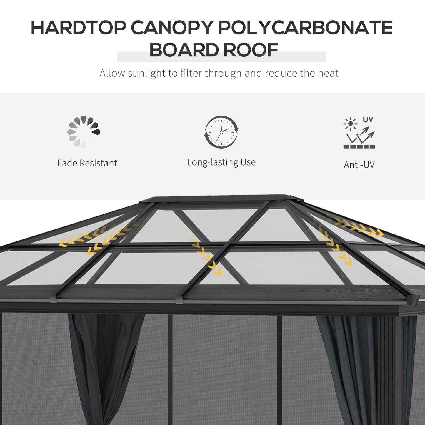 Outsunny 3 x 3.6m Hardtop Gazebo with UV Resistant Polycarbonate Roof and Aluminium Frame, Garden Pavilion with Mosquito Netting and Curtains