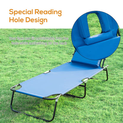 Outsunny Sun Lounger Foldable Reclining Chair with Pillow and Reading Hole Garden Beach Outdoor Recliner Adjustable Blue