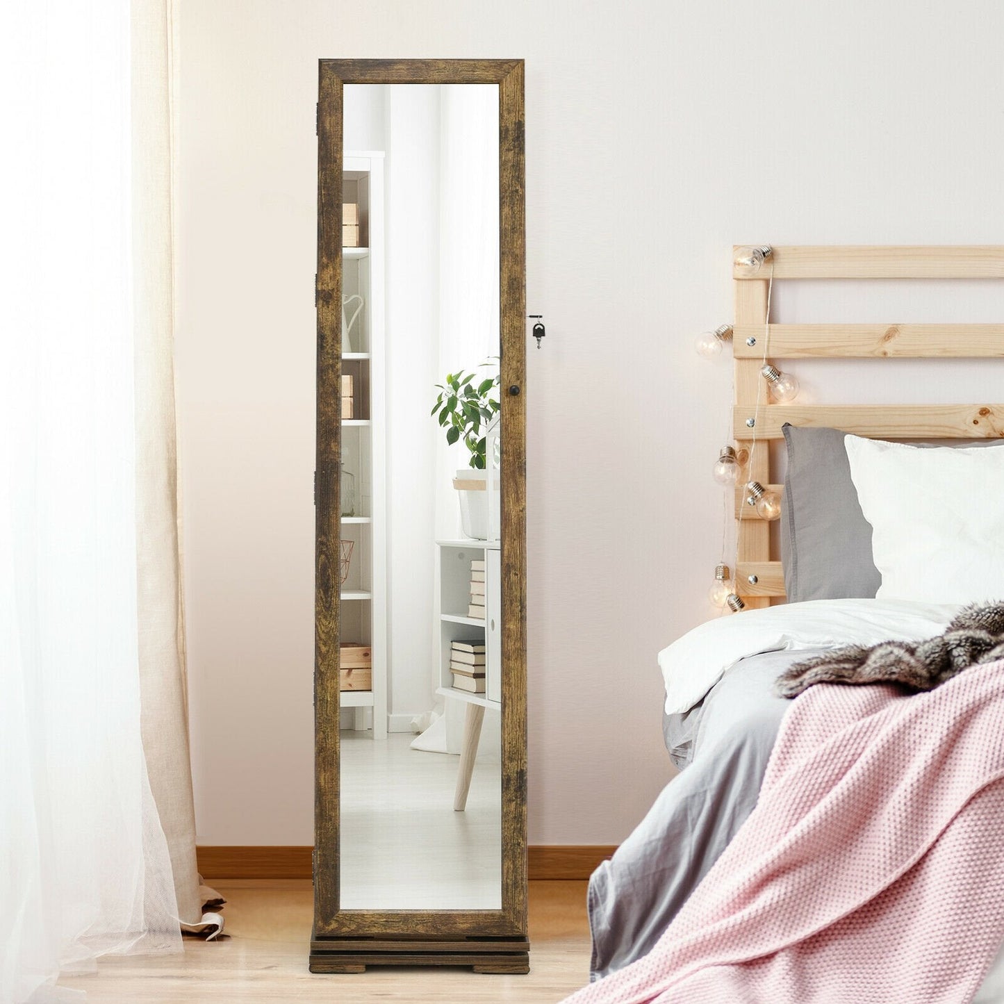 Full Length Mirrored Jewellery Cabinet Rotates 360° with Open Display Shelves-Rustic Brown