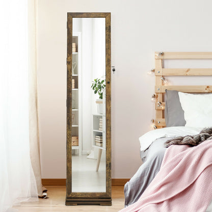 Full Length Mirrored Jewellery Cabinet Rotates 360° with Open Display Shelves-Rustic Brown