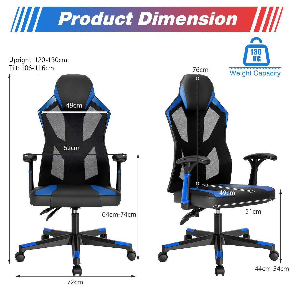 Racing Style Gaming Chair with Adjustable Back Height-Blue