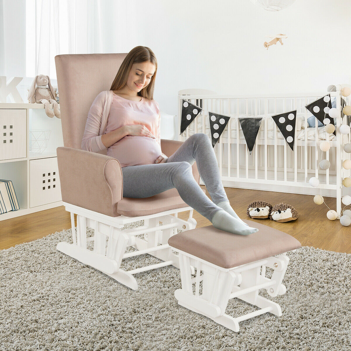 Wooden Glider Chair with Footstool-Pink