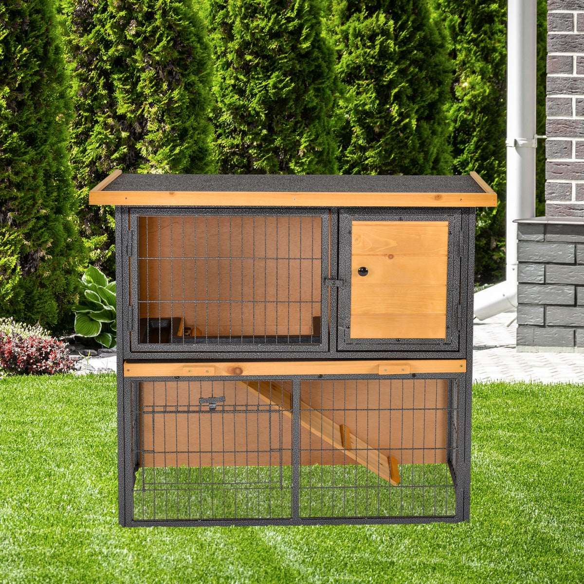 PawHut Wood / Metal Rabbit Hutch Elevated Pet House Bunny Cage with Slide-Out Tray Asphalt Openable Roof Lockable Door Outdoor