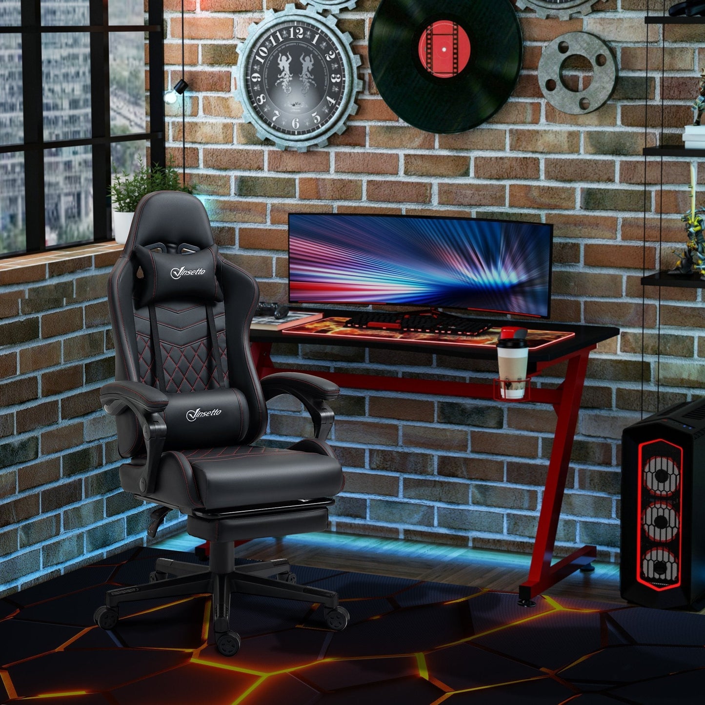 Vinsetto Racing Gaming Chair w/ Arm, PU Leather Gamer Recliner Home Office, Black Red