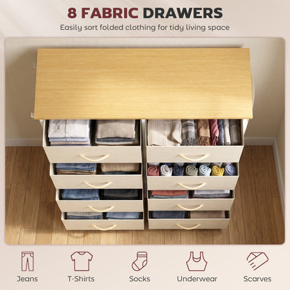 HOMCOM Chest of Drawers, Dresser with 8 Fabric Drawers, Tall Storage Unit with 4 Pockets and 2 Hooks Steel Frame, Beige