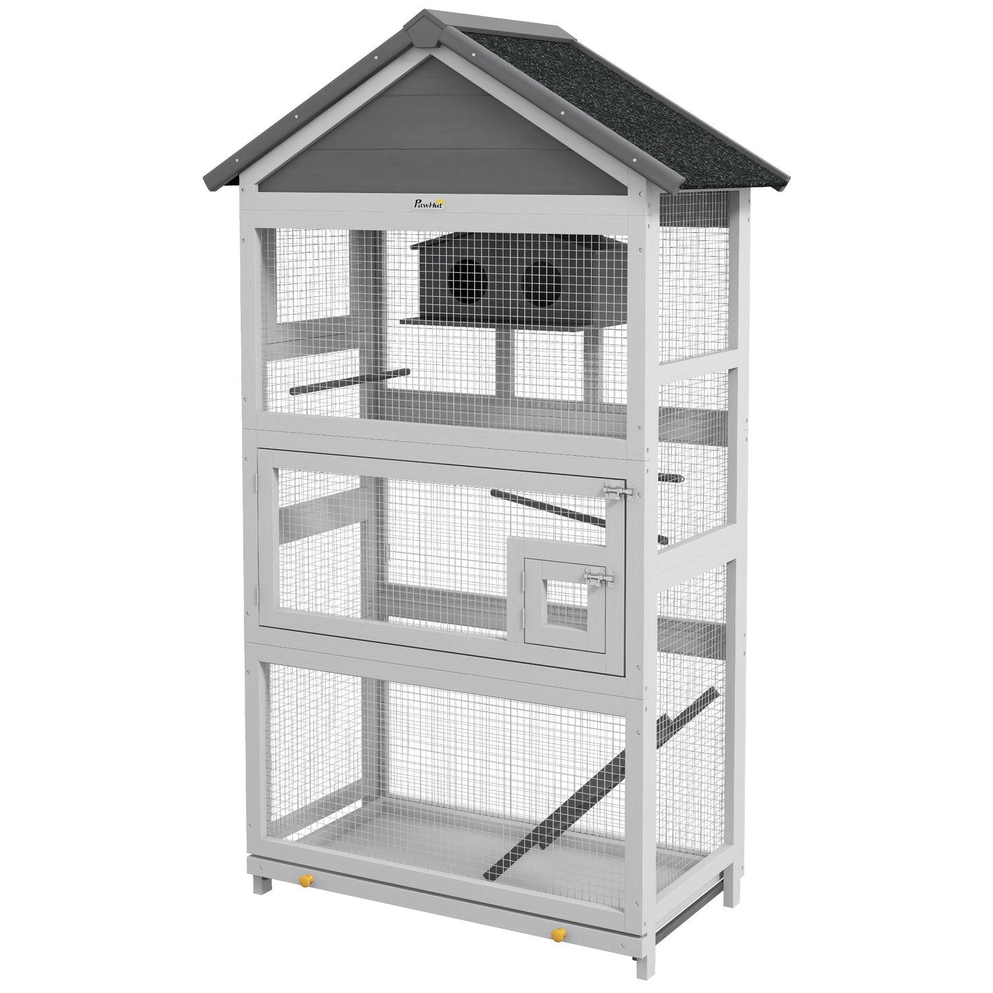 PawHut Wooden Bird Cage, with Stand, for Finches, Parakeets, Small birds - Grey