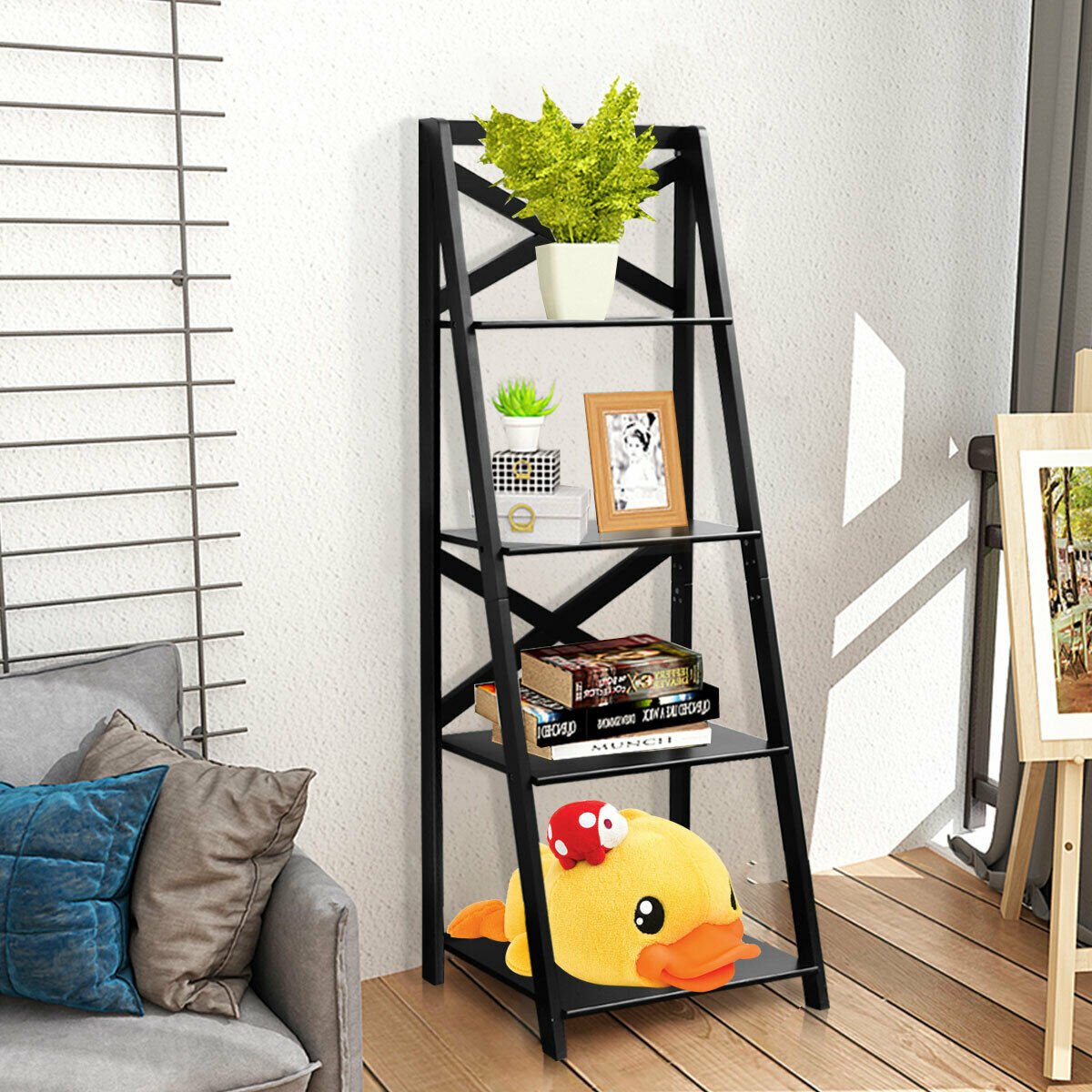 4 Tier Wooden Ladder Shelving Unit-Black
