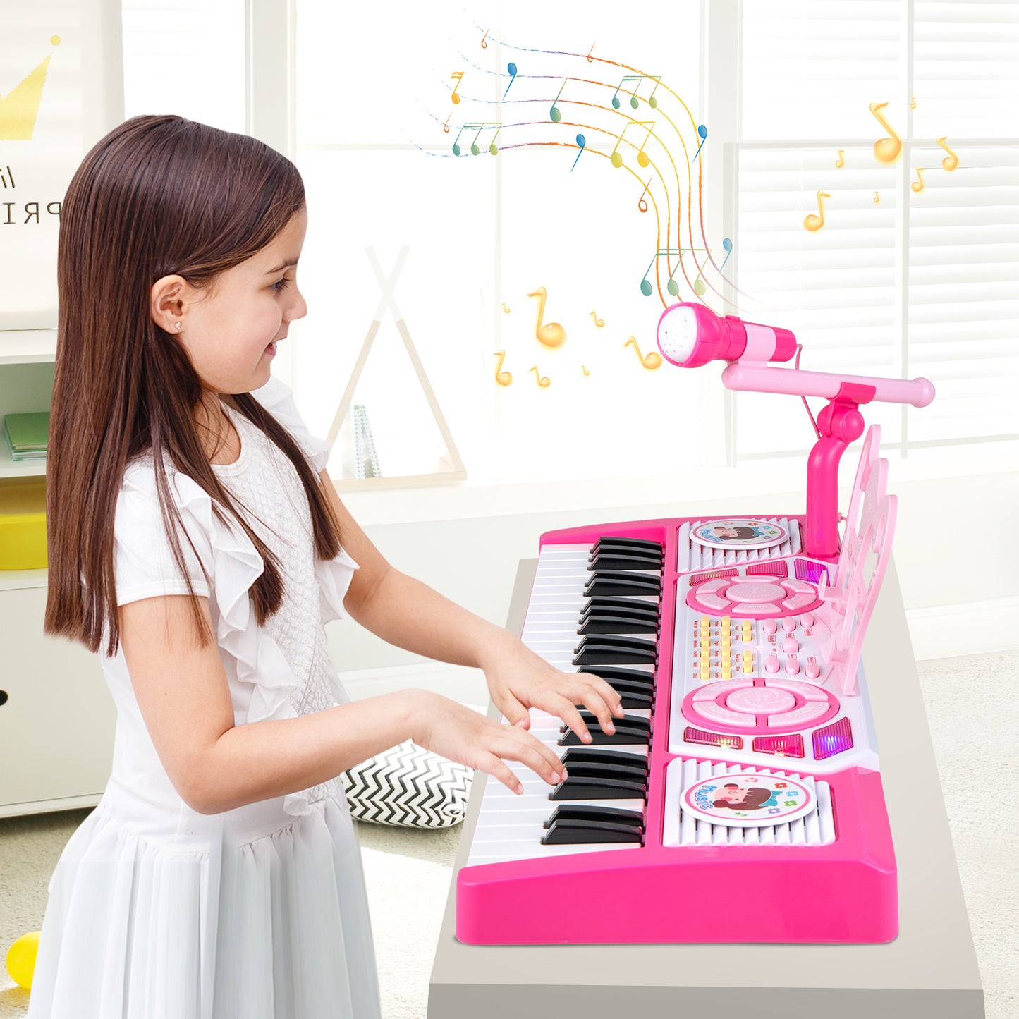 49 Keys Kids Piano Keyboard with Microphone and Stand-Pink