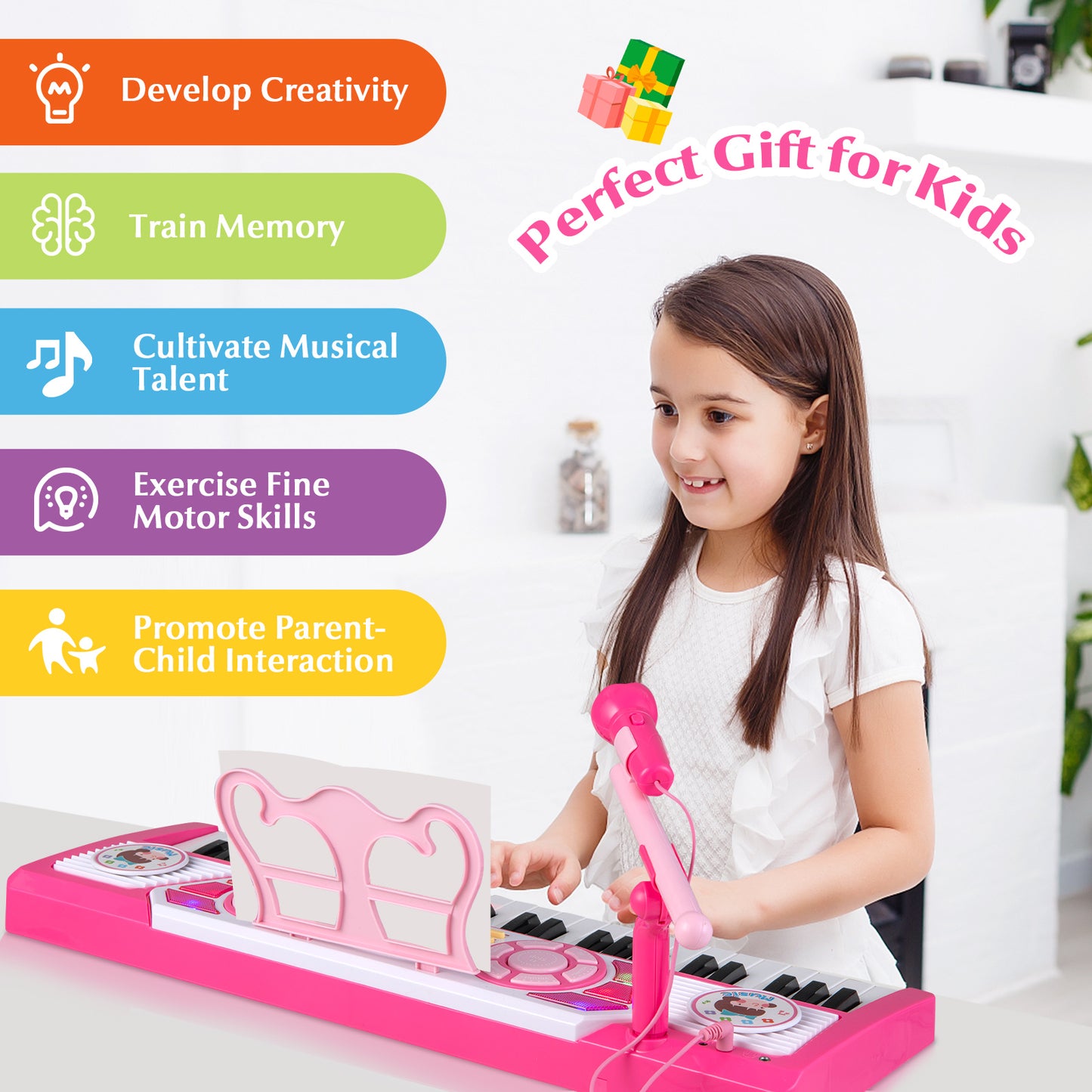 49 Keys Kids Piano Keyboard with Microphone and Stand-Pink