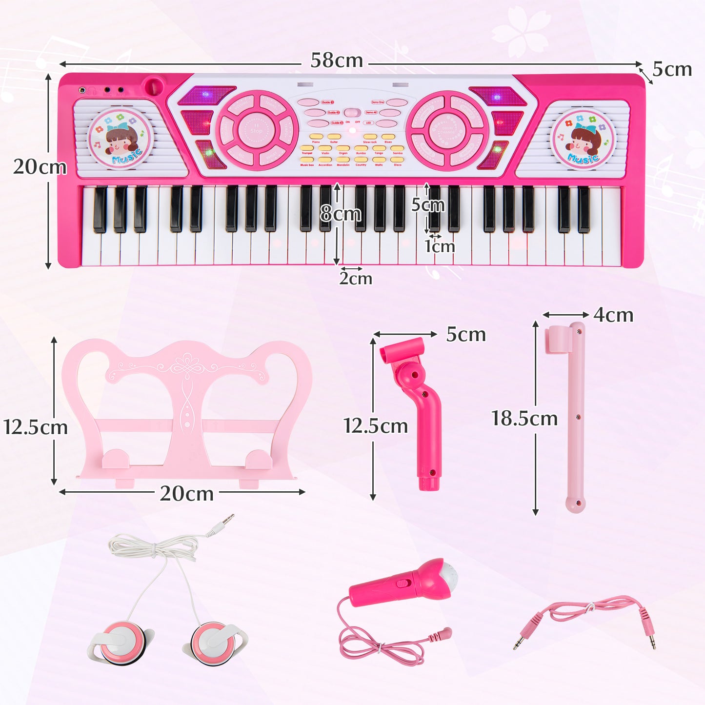 49 Keys Kids Piano Keyboard with Microphone and Stand-Pink