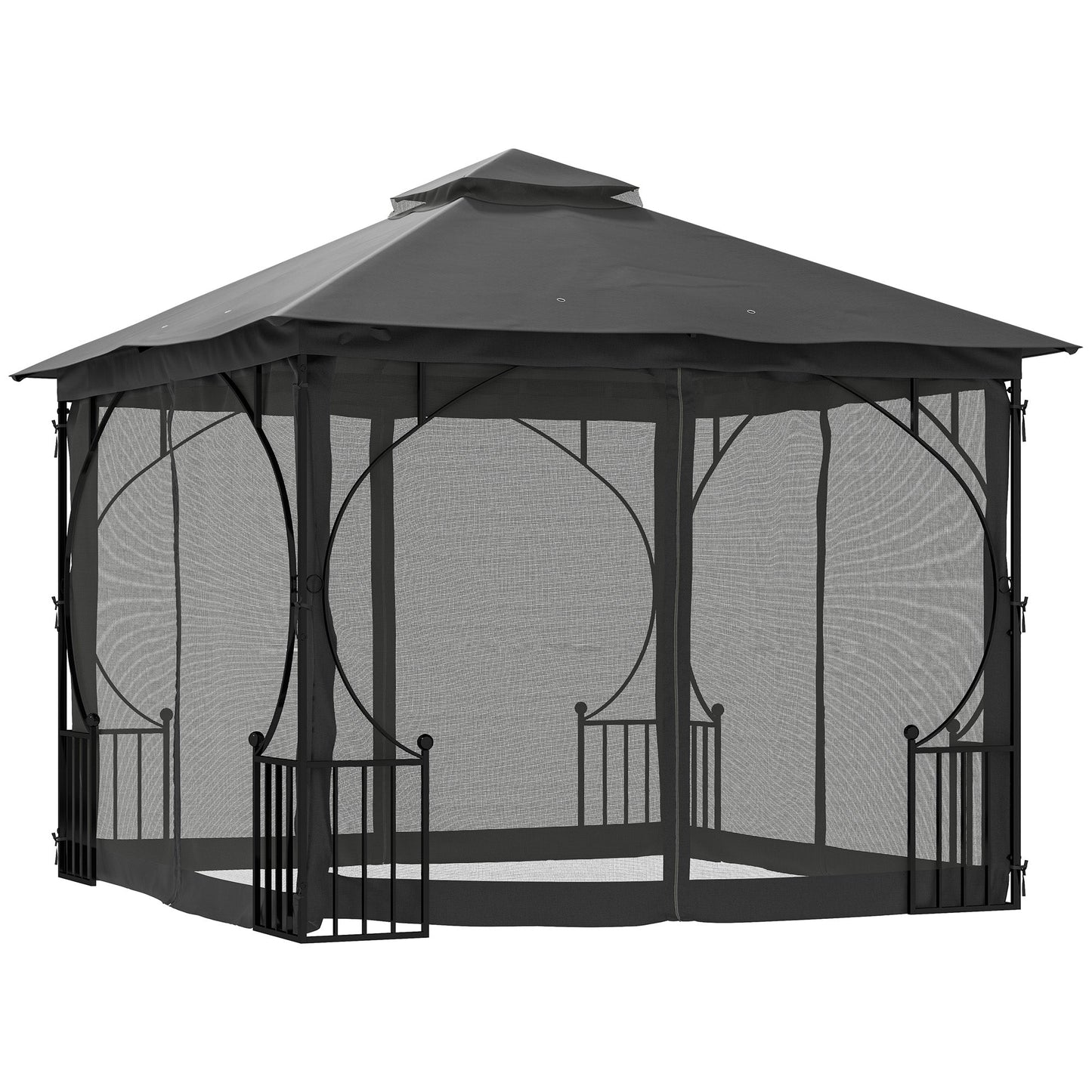 Outsunny 3 x 3(m) Altana ogrodowa, namiot imprezowy, zadaszenie zewnętrzne, dwupoziomowy, z metalową ramą i siatką, ciemnoszary