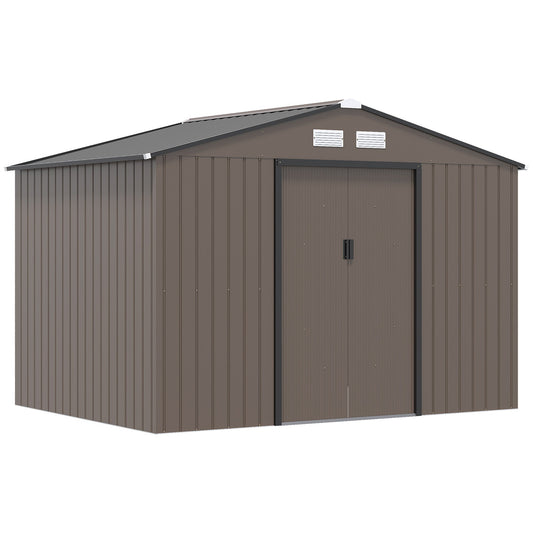 Outsunny 9 x 6FT Garden Metal Storage Shed Outdoor Storage Shed with Foundation Ventilation & Doors, Brown