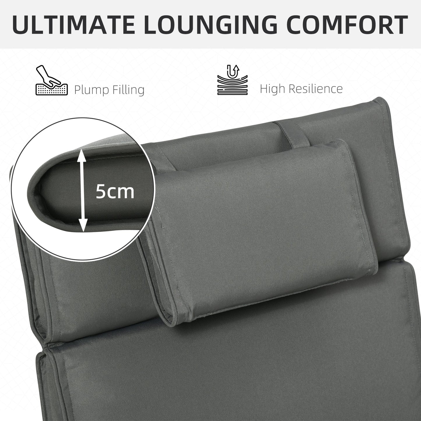Outsunny Garden Sun Lounger Cushion Replacement Soft Sunbed Reclining Chair Relaxer Pad with Pillow, Cushion ONLY - Grey