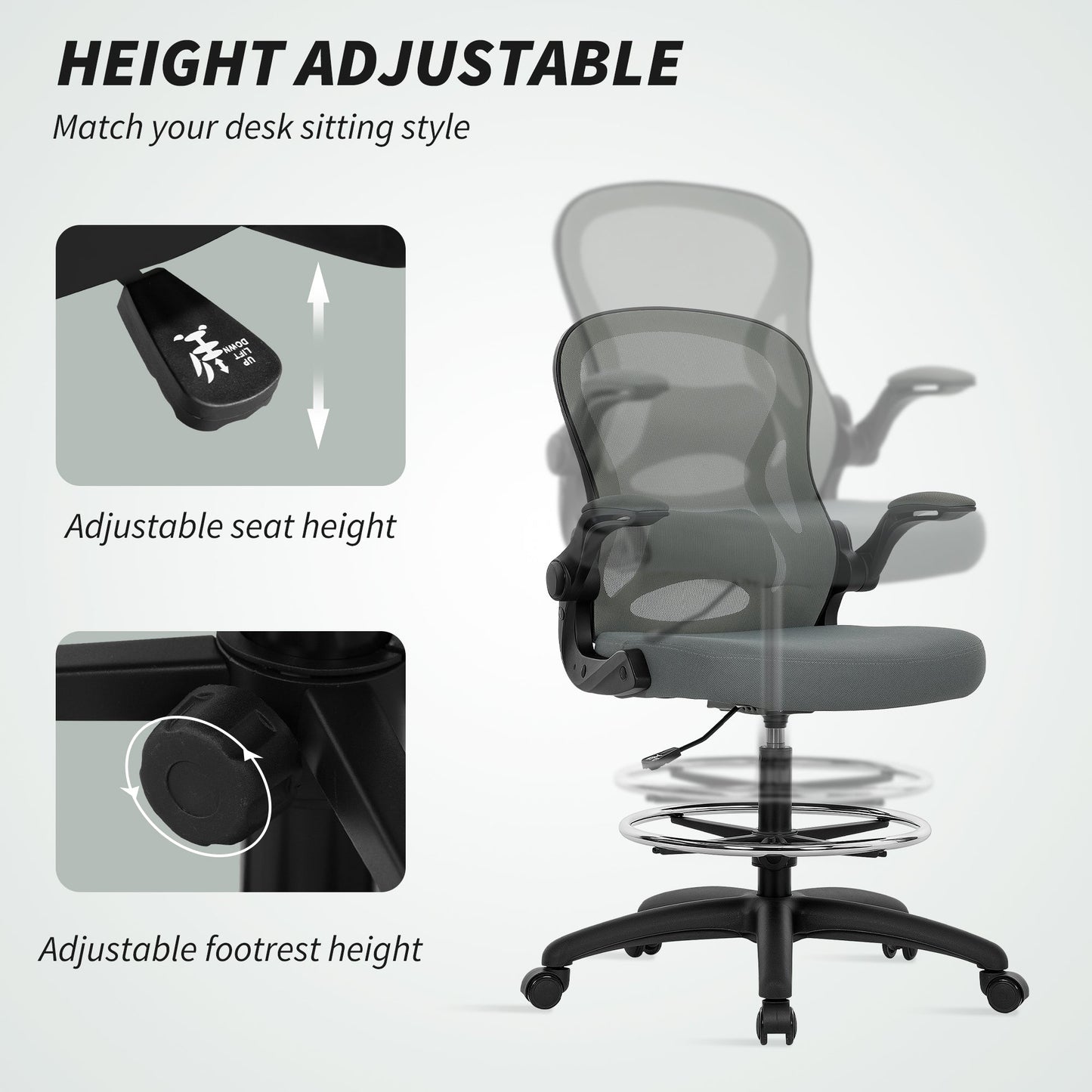 Vinsetto Drafting Chair, Ergonomic Tall Office Chair with Flip-up Armrests, Mesh Back, Lumbar Support, Adjustable Height and Foot Ring, Swivel Wheels, for Standing Desk, Charcoal Grey