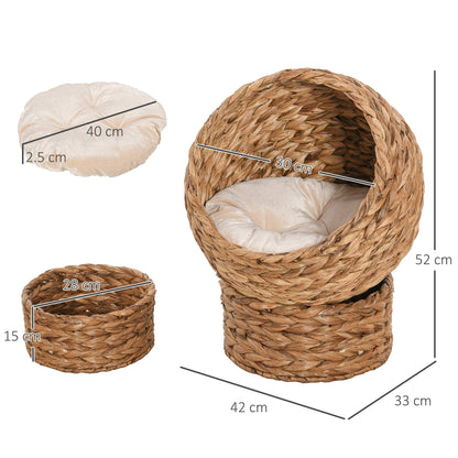 PawHut Banana Leaf Cat Bed Natural Materials Woven Elevated Basket w/ Cushion, Brown