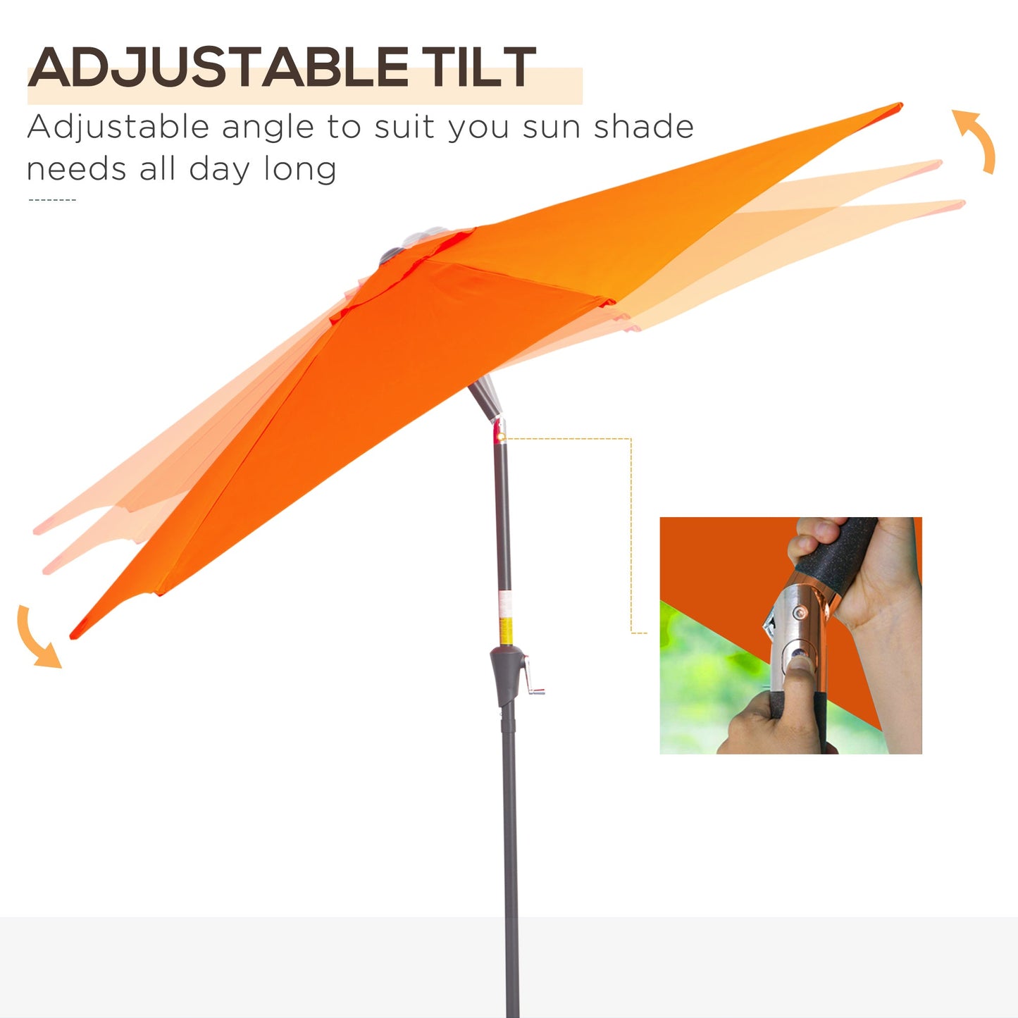 Outsunny 2.6M Parasol ogrodowy z pochylanym i korbowym uchwytem, ​​zewnętrzny parasol przeciwsłoneczny z aluminiową ramą, pomarańczowy