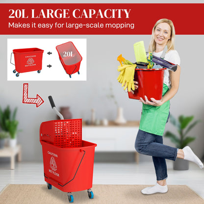 20L Mop Bucket with Wringer and Handle, Mop Bucket on Wheels for Floor Cleaning, Separate Dirty and Clean Water, Red