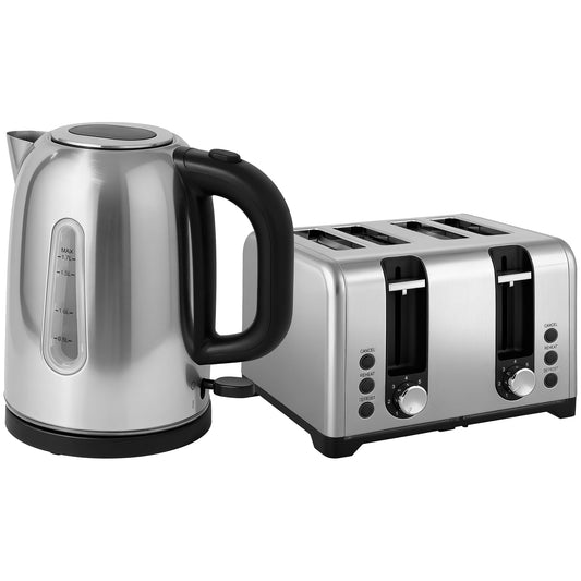 HOMCOM Kettle and Toaster Set, 1.7L 3000W Rapid Boil Jug Kettle with Otter Thermostat, Limescale Filter, 4 Slice Toaster with 7 Browning Controls, Crumb Tray, LED Strip, Silver Tone