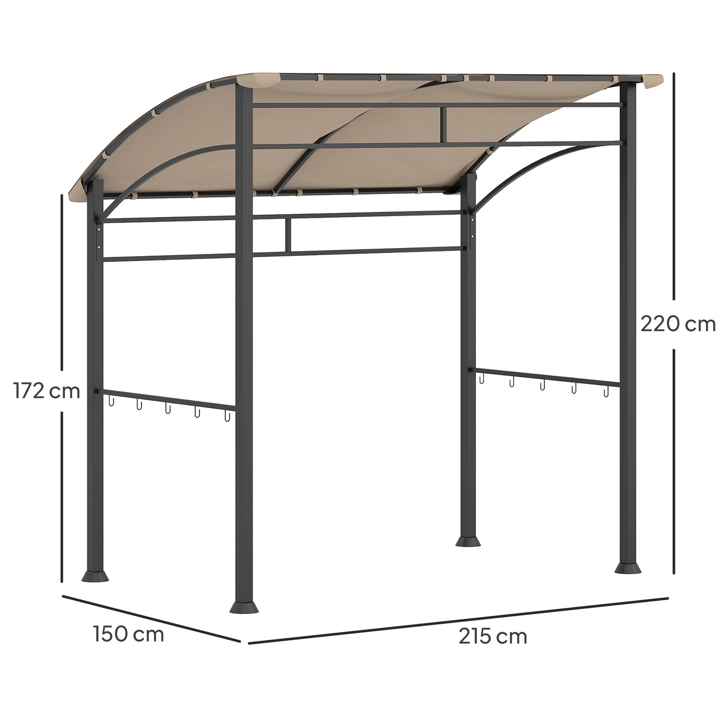 Outsunny 2,2 x 1,5 m Namiot ogrodowy z grillem BBQ, metalową ramą, zakrzywionym baldachimem i 10 haczykami, osłona przeciwsłoneczna na zewnątrz, khaki
