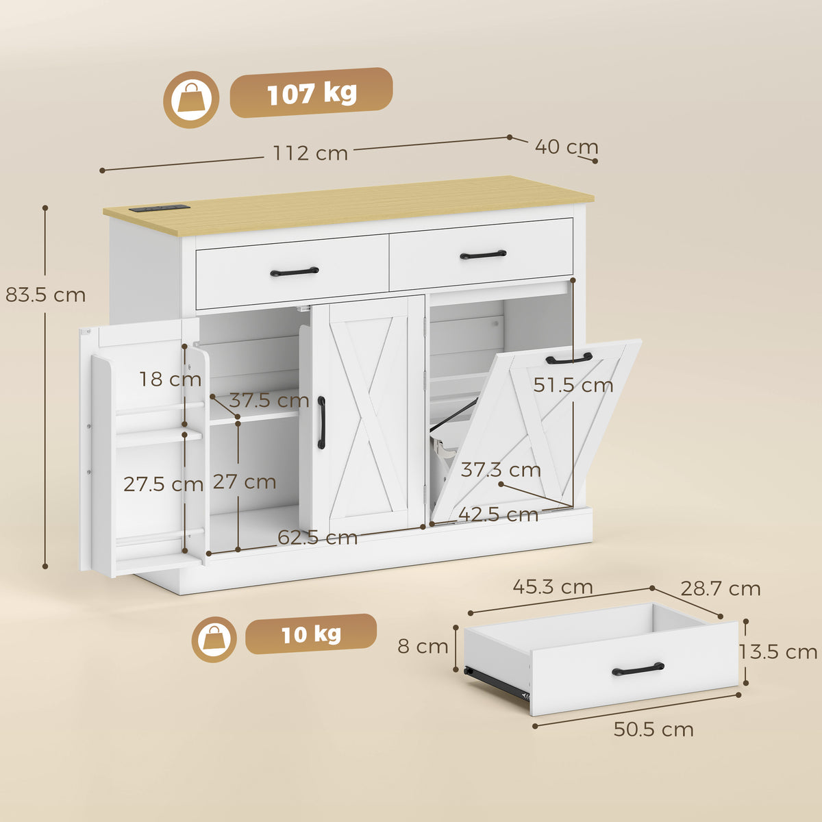 HOMCOM Tilt Out Trash Cabinet with Charging Station, Kitchen Island with Storage, 57 Liter Hidden Rubbish Bin Storage, White