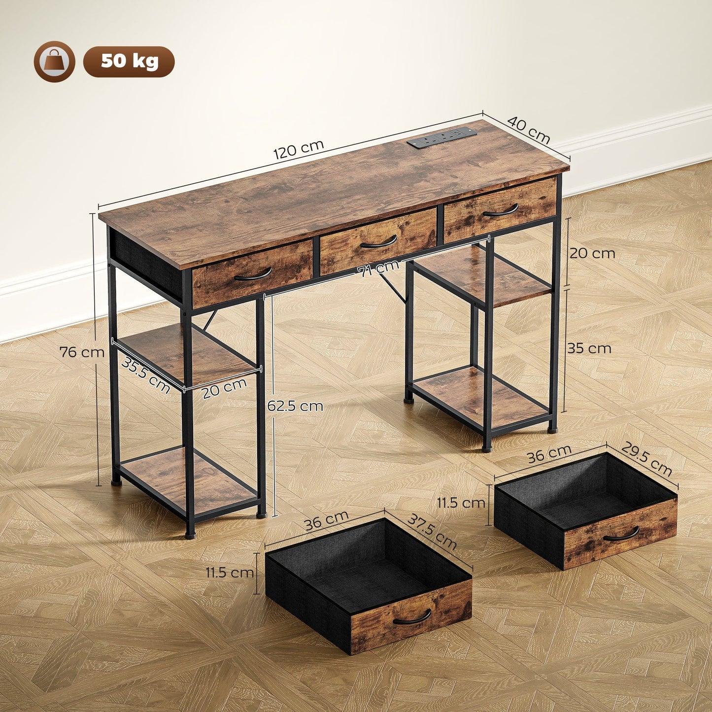 HOMCOM 120cm Computer Desk with Power Outlets, Office Desk Study Table with Fabric Drawers and Storage Shelves, Rustic Brown