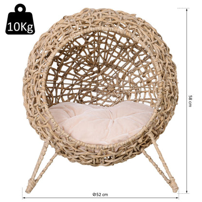 PawHut Hooded Rattan Wicker Elevated Cat House Kitten Pussy Basket Ball Shaped Bed Pet Furniture with Removable Cushion Natural