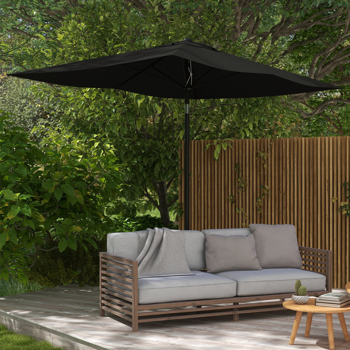 Outsunny 3 x 2 m Garden Parasol Umbrella with Aluminium Pole, UPF 50+ Rectangular Outdoor Table Parasol Sun Shade with Crank & Push Button Tilt, Metal Ribs, Black