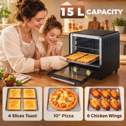 HOMCOM Mini Oven, 15 L Electric Oven and Grill w/ 60-230℃ Adjustable Temperature, 60 Minute Timer, Includes Baking Tray, Black