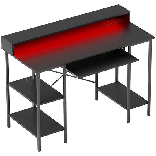 HOMCOM Computer Desk with LED Lights and Power Outlets, 120 x 55 cm Gaming Desk with Monitor Stand, Sliding Keyboard Tray and Storage Shelves for Home Office, Black