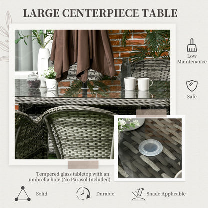 Outsunny 6 Seater Rattan Dining Set with Seat and Back Cushions, Round PE Rattan Garden Furniture Set, Outdoor Dining Table and Chairs, Rectangular Glass Top Table with Umbrella Hole, Grey