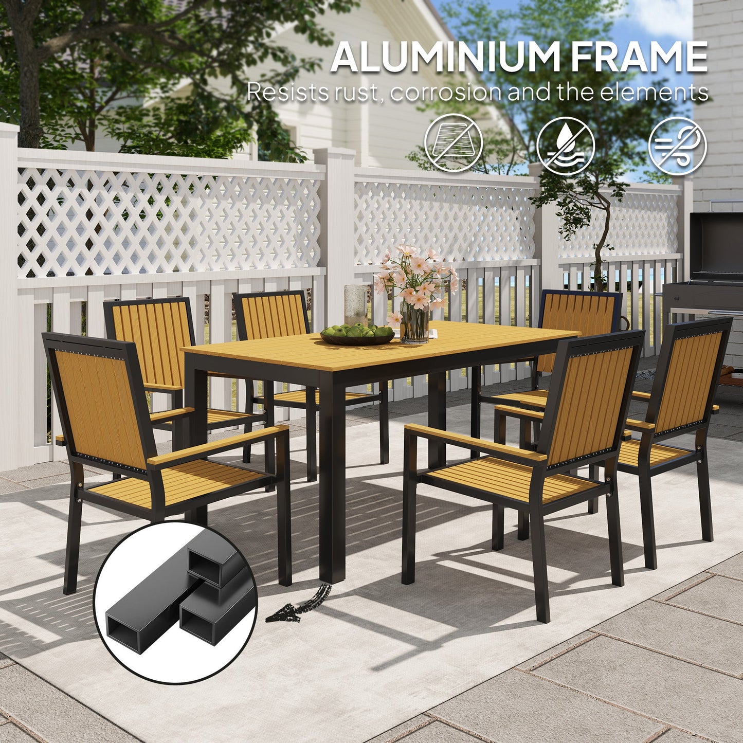 Zestaw mebli ogrodowych Outsunny 6 Seater Garden Dining Set z krzesłami składanymi, aluminiowa rama, prostokątny plastikowy blat, zestaw mebli ogrodowych, stół jadalny i krzesła na patio, balkon, przy basenie, drewno naturalne