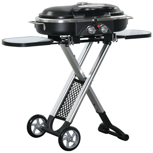 Outsunny Foldable Gas BBQ Grill 2 Burner Garden Barbecue Trolley w/ Lid Side Shelves Storage Pocket Piezo Ignition Thermometer, Aluminium Alloy