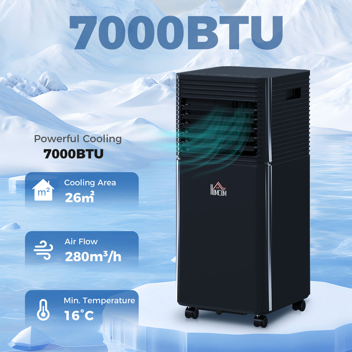 HOMCOM 7000 BTU 4-In-1 Portable Air Conditioner Unit Cooling Dehumidifying Ventilating for Room up to 26m², with Fan, Remote, 24H Timer, Window Mount Kit, R290, A Energy Efficiency