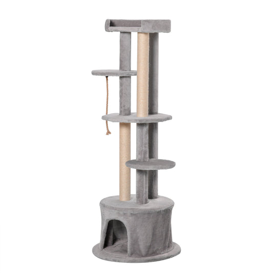 PawHut Cat Tree Kitten Tower متعدد المستويات لمركز الأنشطة أثاث الحيوانات الأليفة مع عمود خدش وحبال معلقة من القطيفة باللون الرمادي