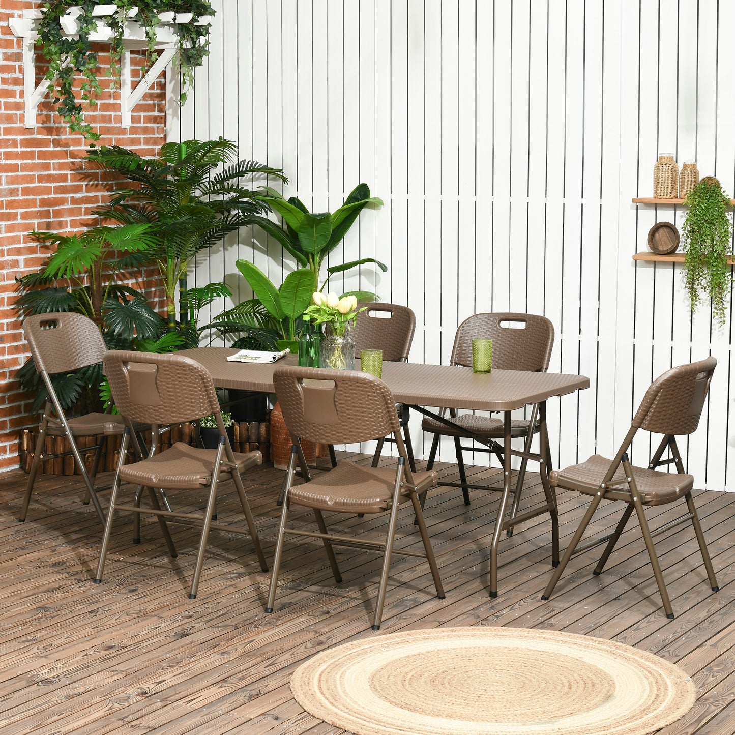 Zestaw jadalny Outsunny 6 Seater Rattan, zestaw mebli ogrodowych z HDPE, stół jadalny i krzesła z 6 fotelami, prostokątny plastikowy blat stołu na patio, balkon, ciemny brąz