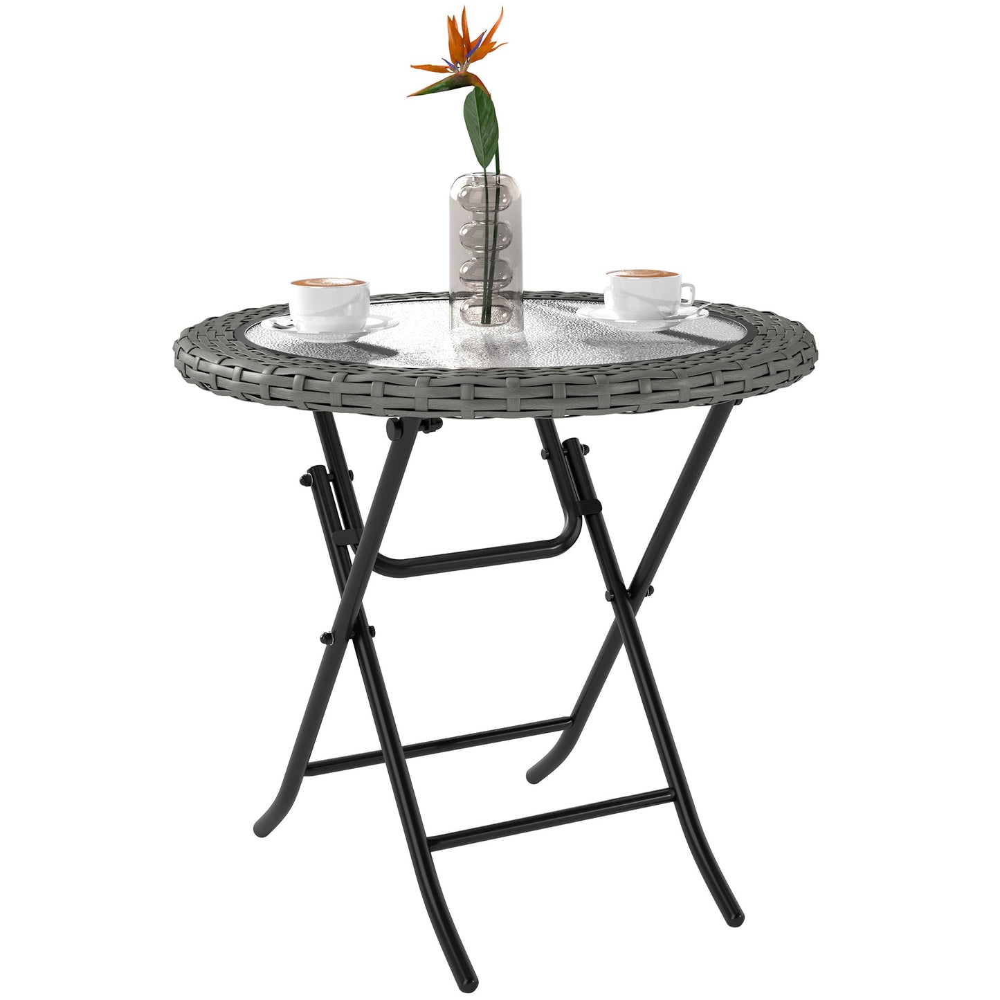 Outsunny Folding Rattan Garden Dining Table, 68 cm Round Rattan Garden Table with Water Ripple Tempered Glass Top, Wicker Edging and Steel Frame for Outdoor, Patio, Grey