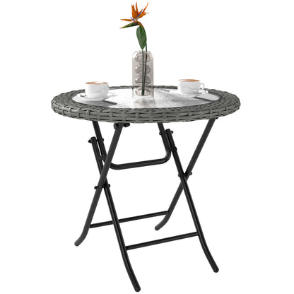 Outsunny Folding Rattan Garden Dining Table, 68 cm Round Rattan Garden Table with Water Ripple Tempered Glass Top, Wicker Edging and Steel Frame for Outdoor, Patio, Grey