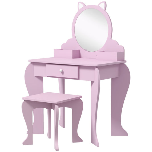 ZONEKIZ Kids Vanity Table with Mirror, Stool, Drawer, Storage Boxes, Cat Design, for Ages 3-6 Years - Pink