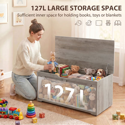 HOMCOM 127L Home Storage Box, with Safety Hinges - Grey Wood-Effect