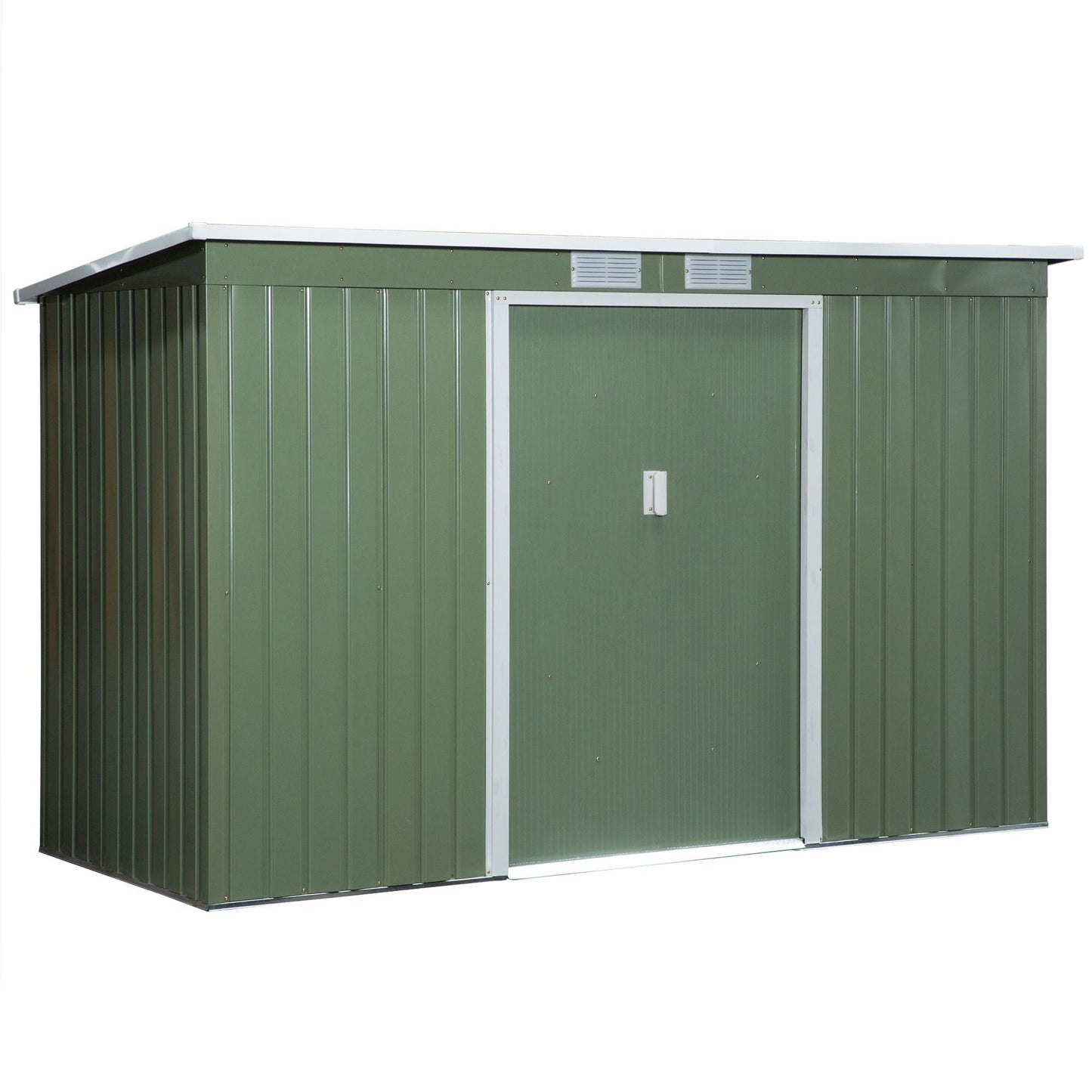 Outsunny 9 x 4.5 ft Pent Roof Metal Garden Storage Shed Corrugated Steel Tool Box with Foundation Ventilation & Doors, Light Green