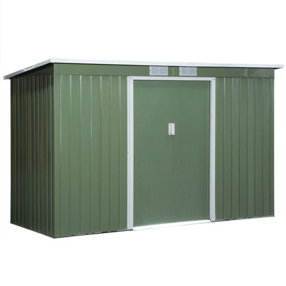 Outsunny 9 x 4.5 ft Pent Roof Metal Garden Storage Shed Corrugated Steel Tool Box with Foundation Ventilation & Doors, Light Green