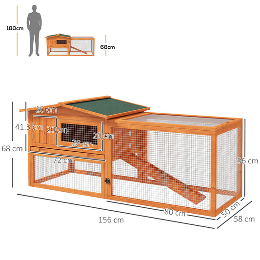 PawHut Królik Hutch z Wybiegiem Drewniana Klatka dla Świnek Morskich Zewnętrzna Klatka dla Królików Ukryta z Wysuwaną Tacą, Stojak Na Siano, Rampa, 156 x 58 x 68 cm, Pomarańczowy