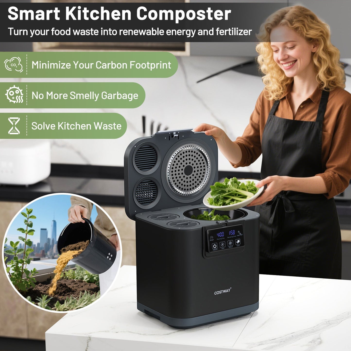 4L Kitchen Electric Composter with 2 Activated Carbon Filters and Auto-Cleaning-Black