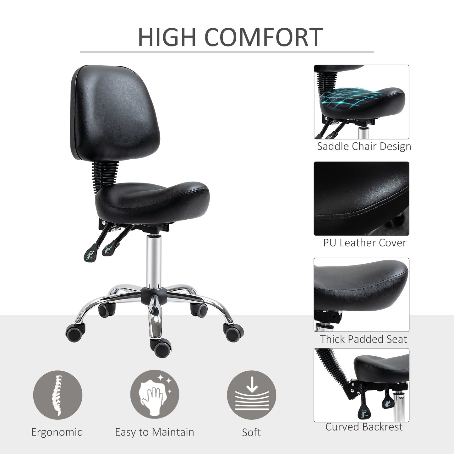 Saddle Stool, PU Leather Adjustable Rolling Salon Chair for Massage, Spa, Clinic, Beauty and Tattoo, Black